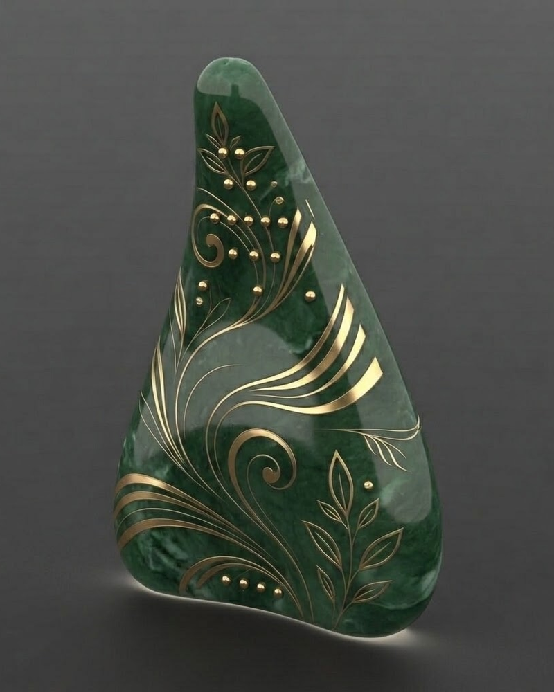 HUGĀD in jade, the gold array flowing into a floral arabesque