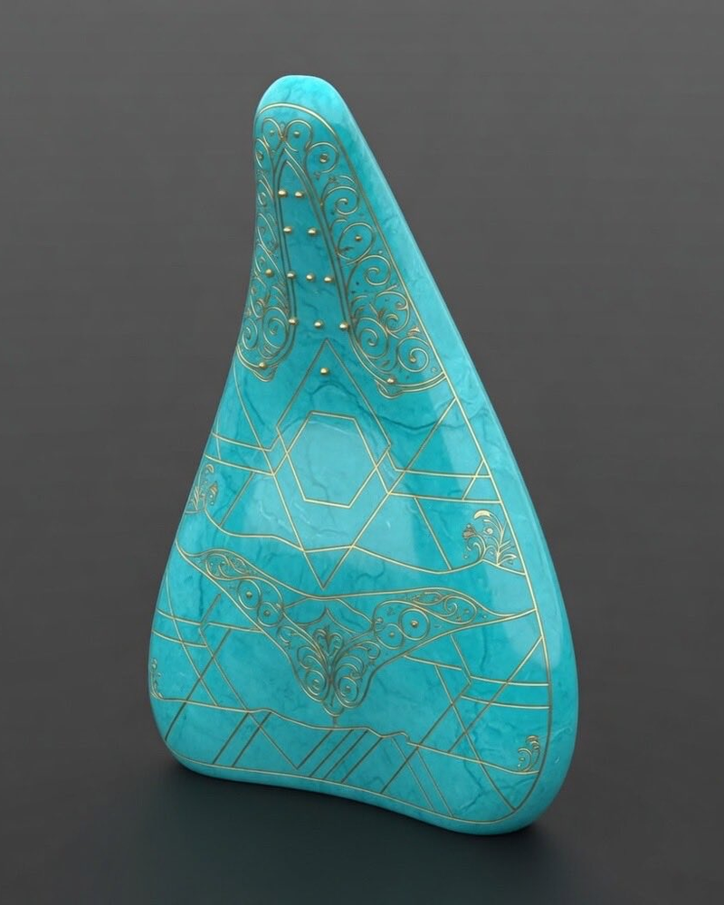 The HUGĀD device in turquoise stone, its gold electrode array extended into fine geometric inlay