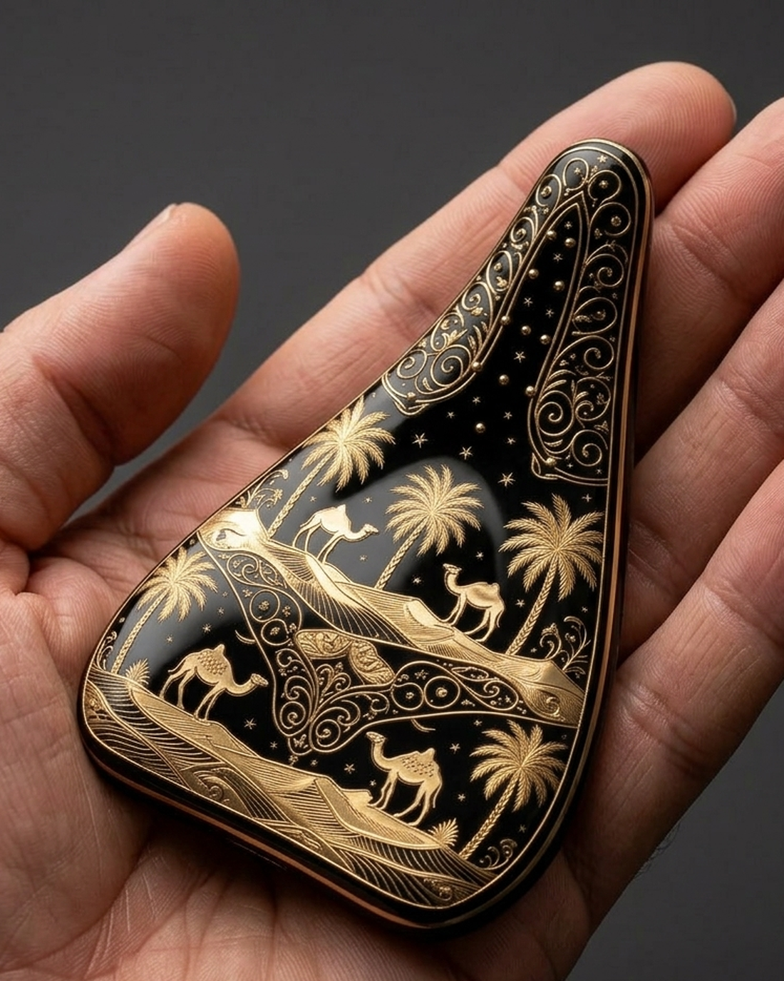 The HUGĀD device held in an open palm — a smooth black teardrop inlaid with a fine gold pattern that forms its electrode array